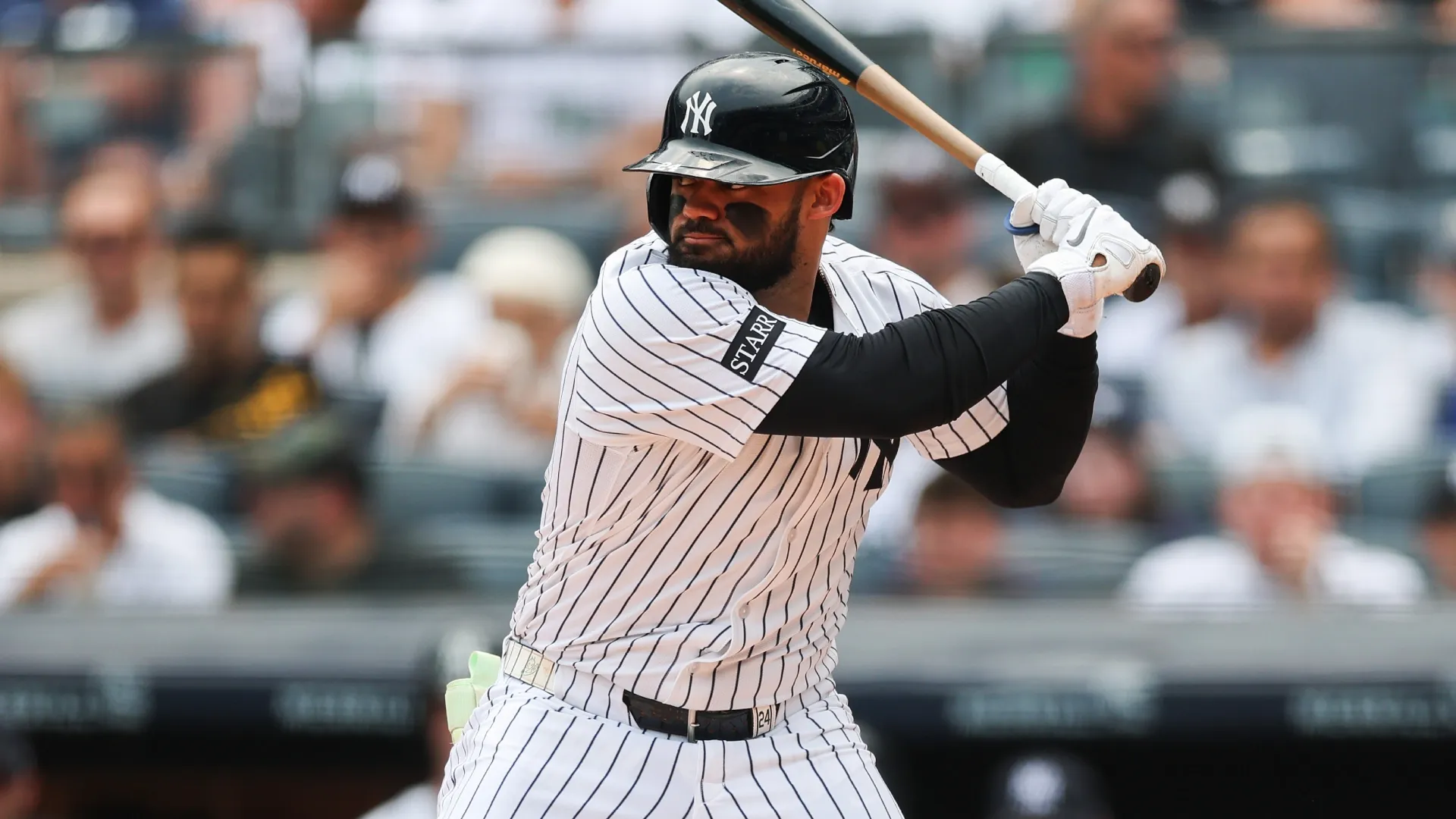 Jasson Domínguez #24 of the New York Yankees stands at bat during the game against the Tampa Bay Rays. Ishika Samant/Getty Images