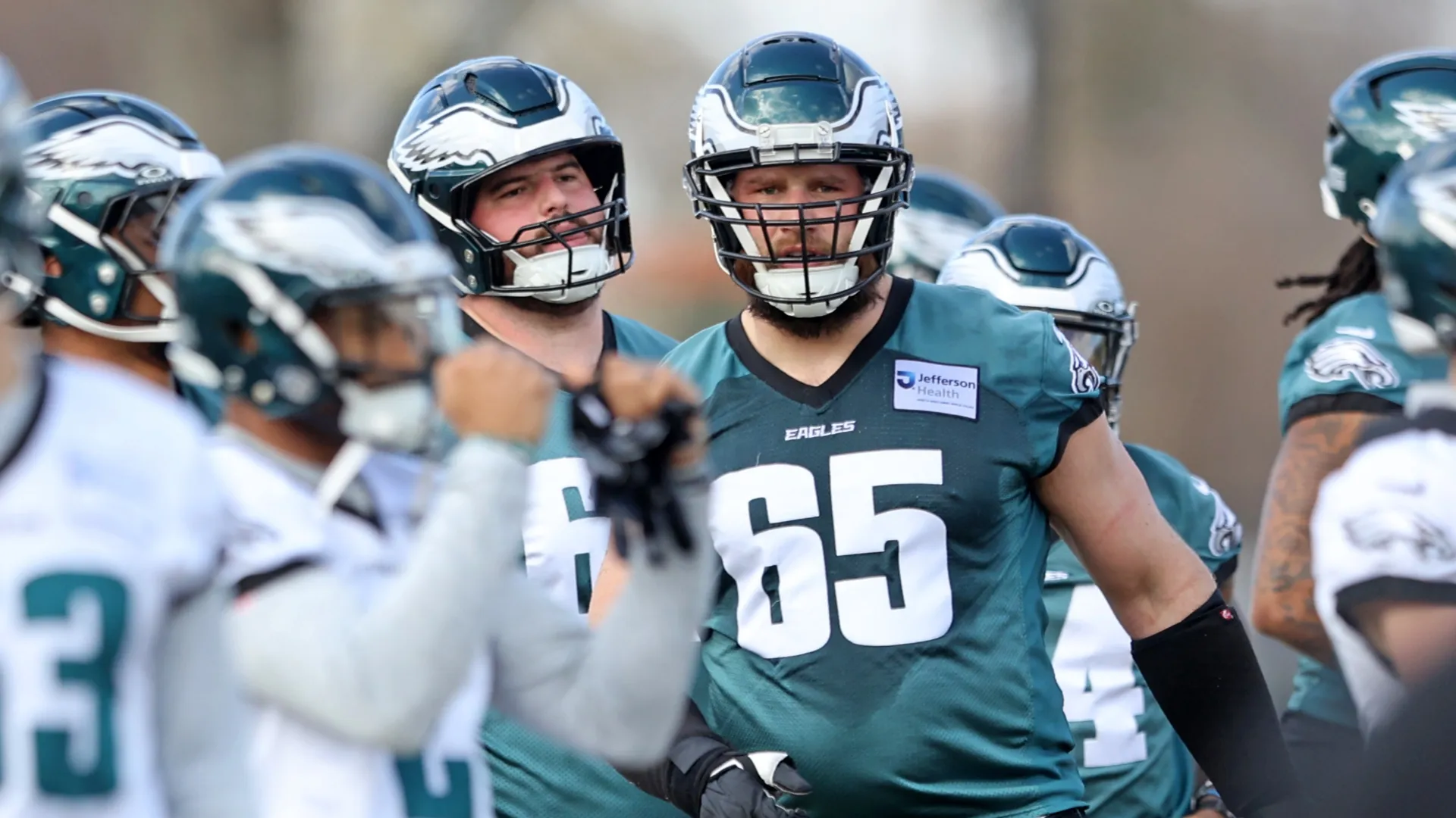 Offensive linemen Lane Johnson #65 and Landon Dickerson #64 of the Philadelphia Eagles