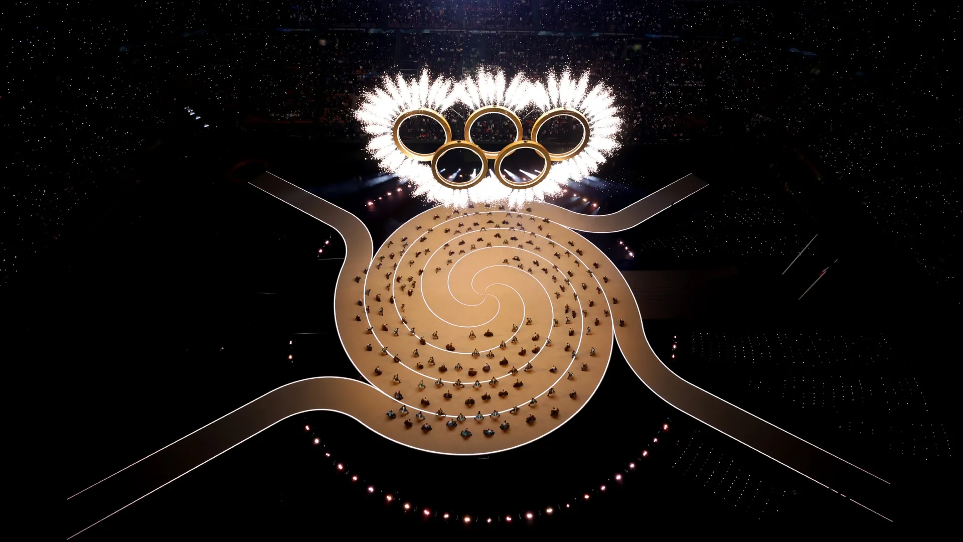 The Olympic rings during the 2026 Winter Olympics opening ceremony (Source: Jared C. Tilton/Getty Images)