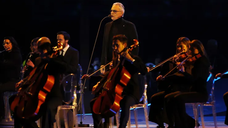 Andrea Boccelli performs during the opening ceremony of the Milano Cortina 2026 Winter Olympics.