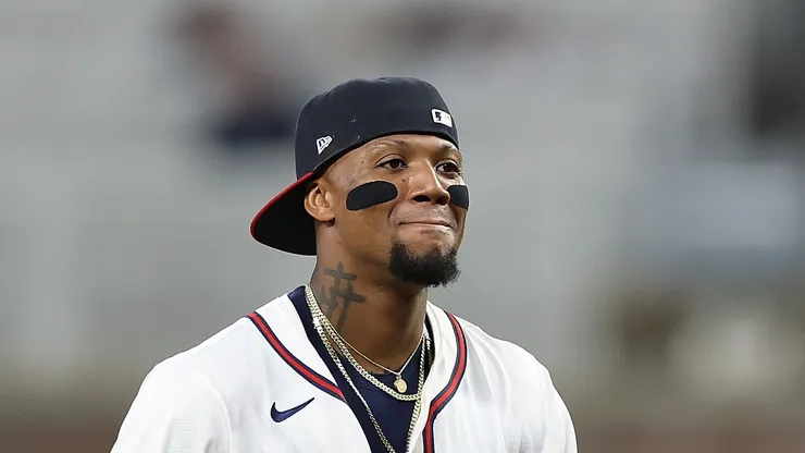 Ronald Acuña reacts after a 11-5 win over the Nationals on September 22, 2025 in Atlanta.