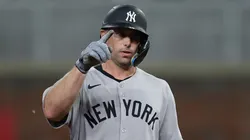 Paul Goldschmidt #48 of the New York Yankees reacts after leading off with a double.