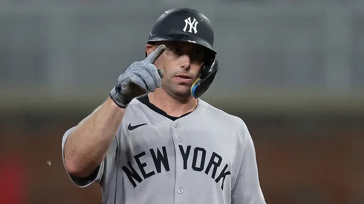 Paul Goldschmidt #48 of the New York Yankees reacts after leading off with a double.