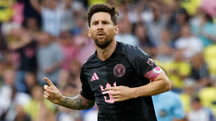 Lionel Messi celebrates a goal for Inter Miami.