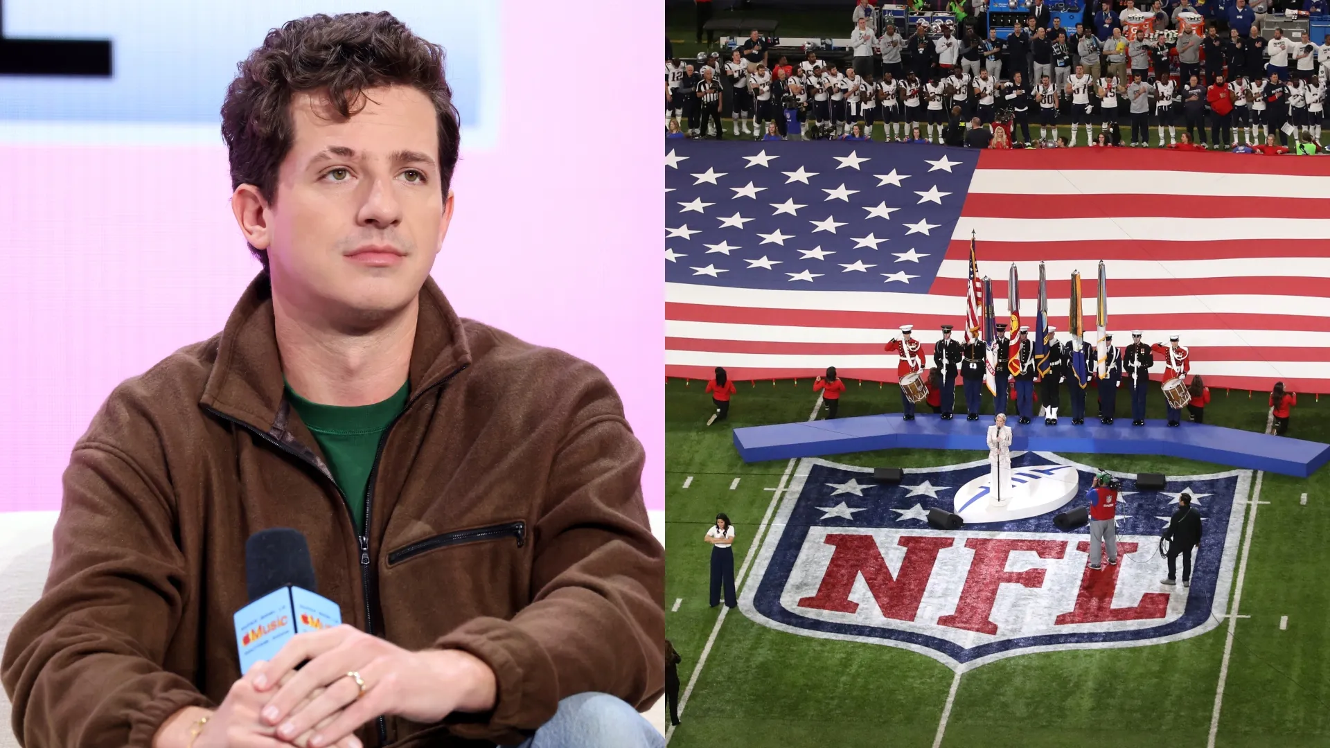 Charlie Puth at the Super Bowl LX Halftime Show Press Conference — Pink sings the national anthem at the Super Bowl LII (Source: Mike Coppola/Getty Images — Christian Petersen/Getty Images)