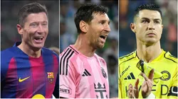 Robert Lewandowski of Barcelona, Lionel Messi of Inter Miami and Cristiano Ronaldo of Al Nassr.