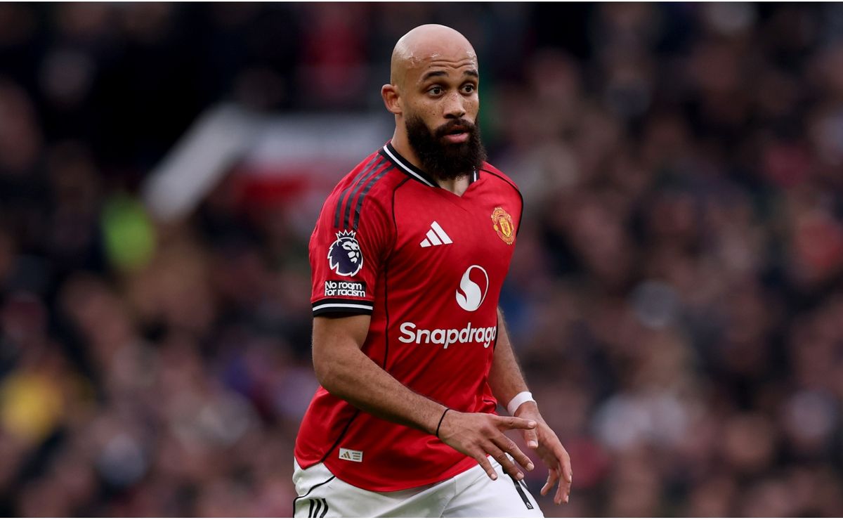 Bryan Mbeumo in the current Manchester United home kit at Old Trafford