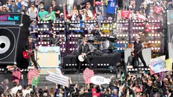 Green Day performs prior to the start of Super Bowl LX.