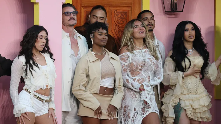 Pedro Pascal, Karol G and Cardi B perform onstage during Super Bowl LX halftime show.