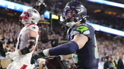 AJ Barner of the Seahawks reacts after scoring a touchdown against the New England Patriots.
