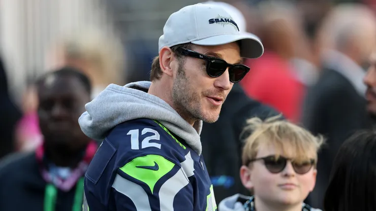 Chris Pratt and son, Jack Pratt attend Super Bowl LX.