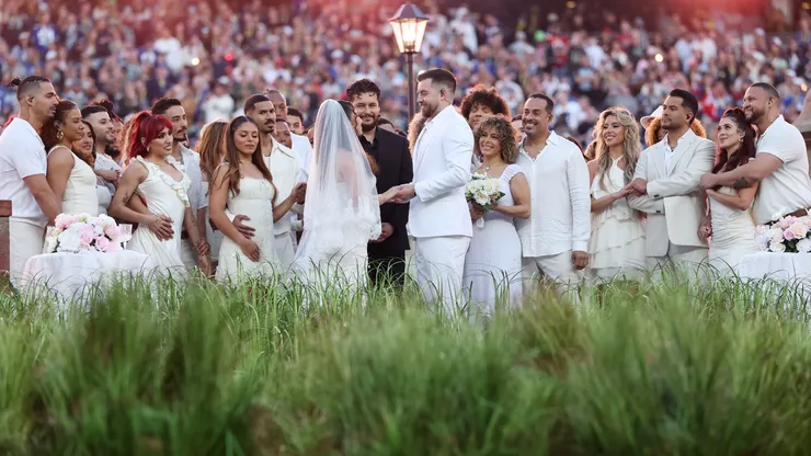 A couple gets married during the Bad Bunny performance onstage during the Super Bowl LX Halftime Show.