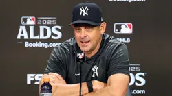 Manager Aaron Boone #17 of the New York Yankees speaks to the media.