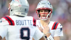 Drake Maye of the Patriots looks on during the second quarter of Super Bowl LX.