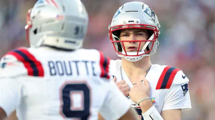 Drake Maye of the Patriots looks on during the second quarter of Super Bowl LX.