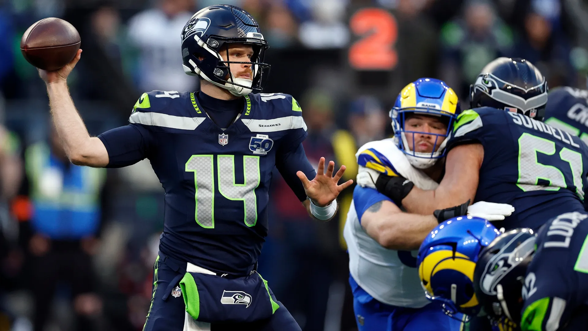 Sam Darnold #14 of the Seattle Seahawks in 2026 (Source: Ronald Martinez/Getty Images)