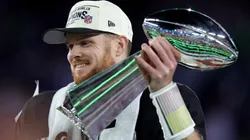 Sam Darnold of the Seahawks celebrates with the Vince Lombardi Trophy after winning Super Bowl LX.