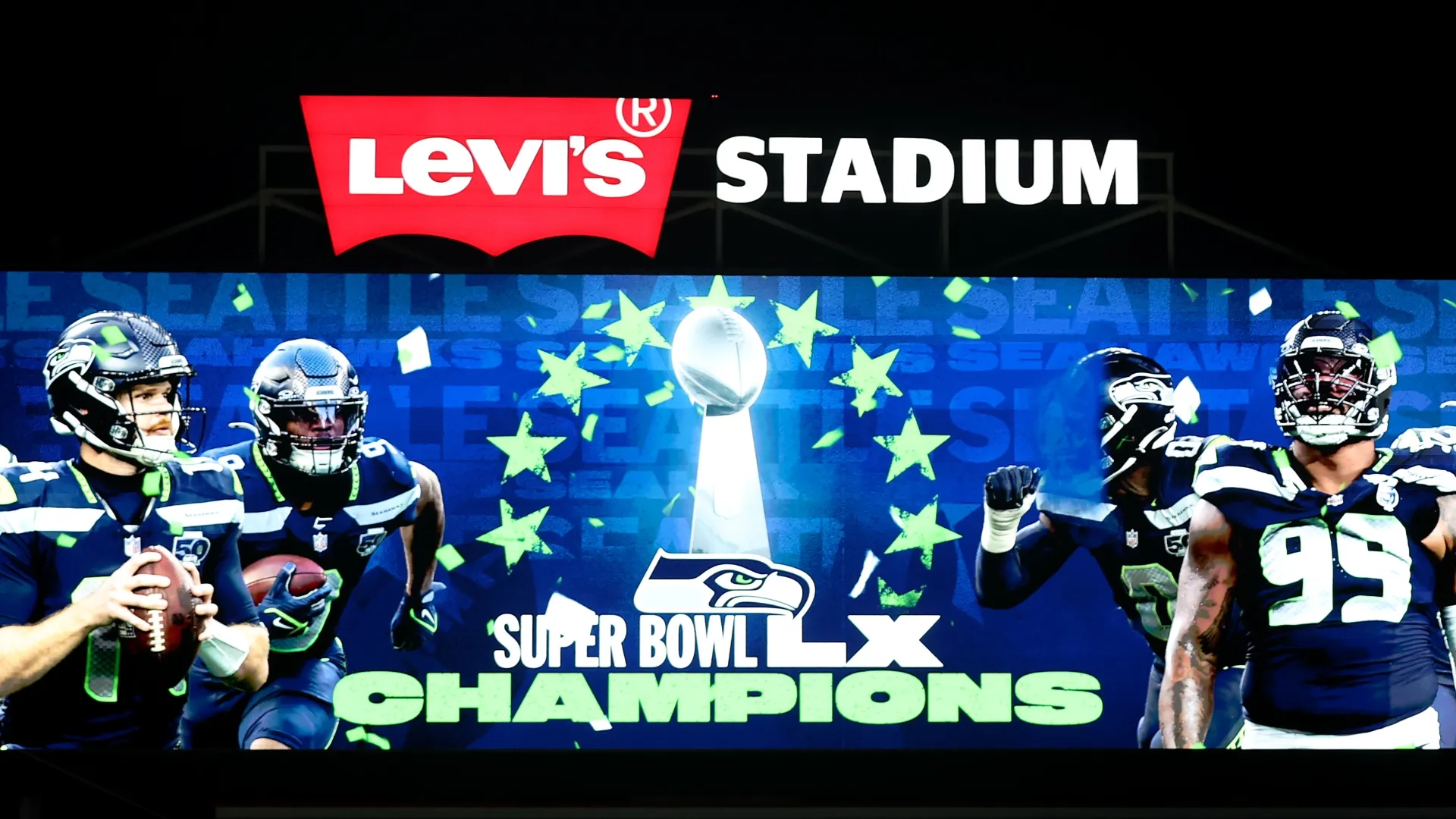 Signage shows the Seattle Seahawks as “Super Bowl LX Champions” after their 29-13 win (Source: Ishika Samant/Getty Images)