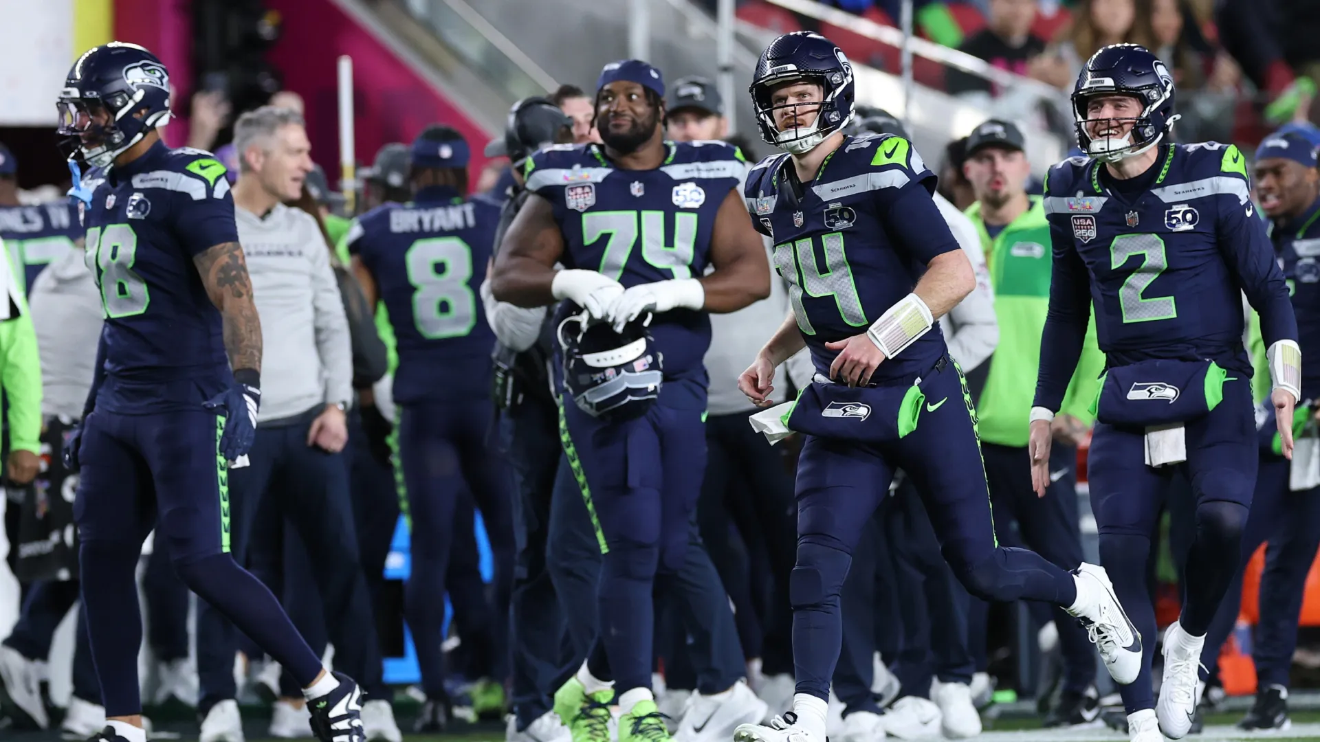 Sam Darnold of the Seahawks reacts after throwing a touchdown pass (Source: Kevin C. Cox/Getty Images)
