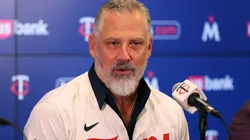 Manager Derek Shelton #8 of the Minnesota Twins addresses media.