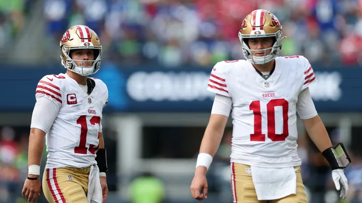 Brock Purdy and Mac Jones of the San Francisco 49ers on September 07, 2025 in Seattle.