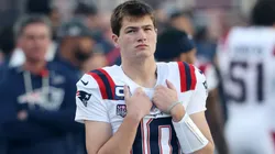 Drake Maye #10 of the New England Patriots during Super Bowl LX.