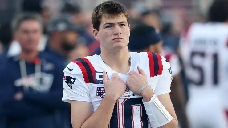 Drake Maye #10 of the New England Patriots during Super Bowl LX.