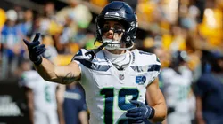 Jake Bobo #19 of the Seattle Seahawks warms up prior to a game in 2025.