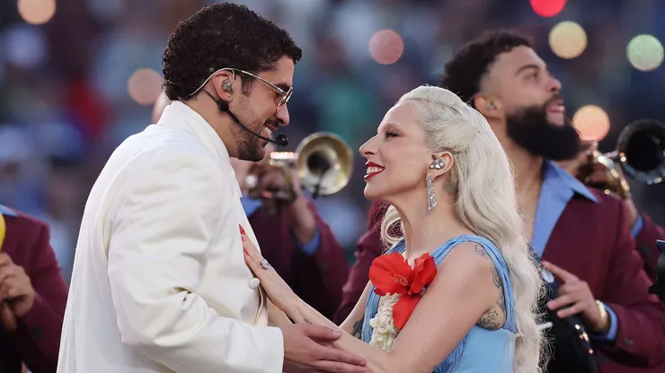 Bad Bunny and Lady Gaga perform onstage during the Apple Music Super Bowl LX Halftime Show.