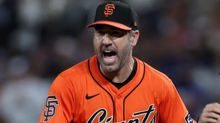 Justin Verlander #35 with the Giants reacts after the great play.