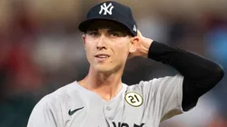 Luke Weaver #30 with the Yankees reacts after giving up a three-run double.