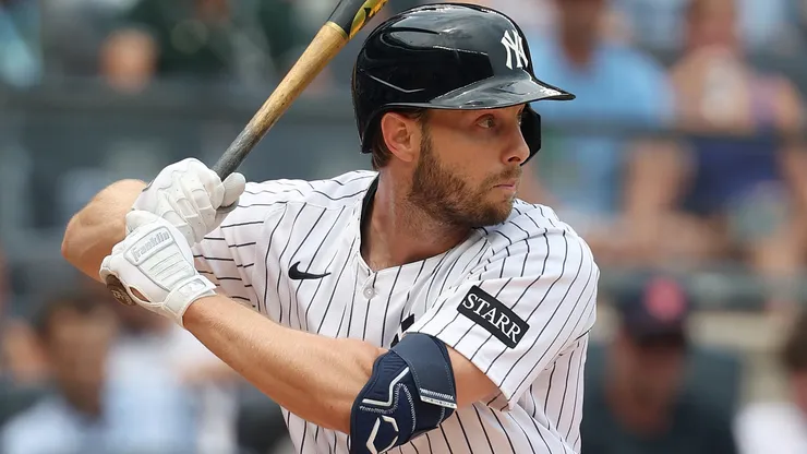 Austin Slater #29 of the Yankees bats against the Rays.