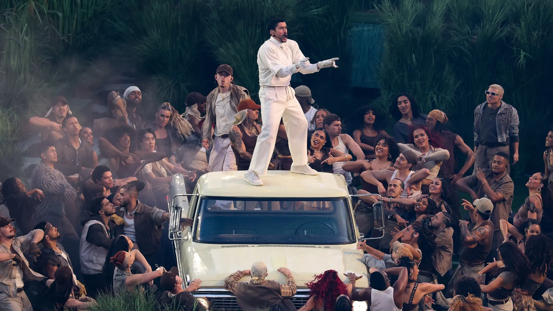 Bad Bunny performs onstage during the Apple Music Super Bowl LX Halftime Show (Source: Ishika Samant/Getty Images)