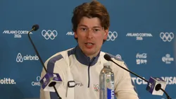 Sturla Holm Laegreid of Team Norway speaks to the media during a press conference.