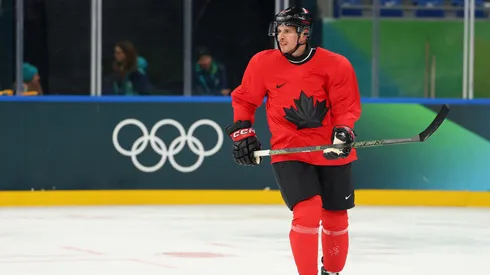 Sidney Crosby of Team Canada takes part during training at the 2026 Winter Olympic games.
