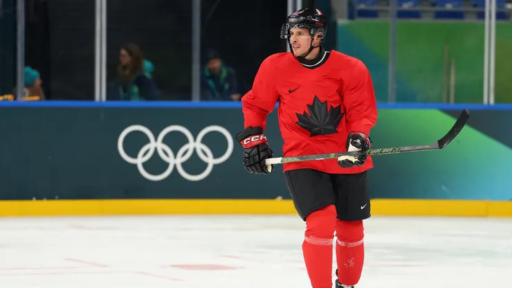 Sidney Crosby of Team Canada takes part during training at the 2026 Winter Olympic games.