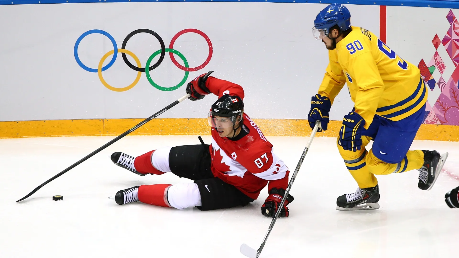 Sidney Crosby and Marcus Johansson during the Men’s Ice Hockey Gold Medal match at 2014 Sochi Winter Olympics (Source: Clive Mason/Getty Images)