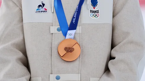 A detailed vied of the Bronze Medal worn by Perrine Laffont of Team France.
