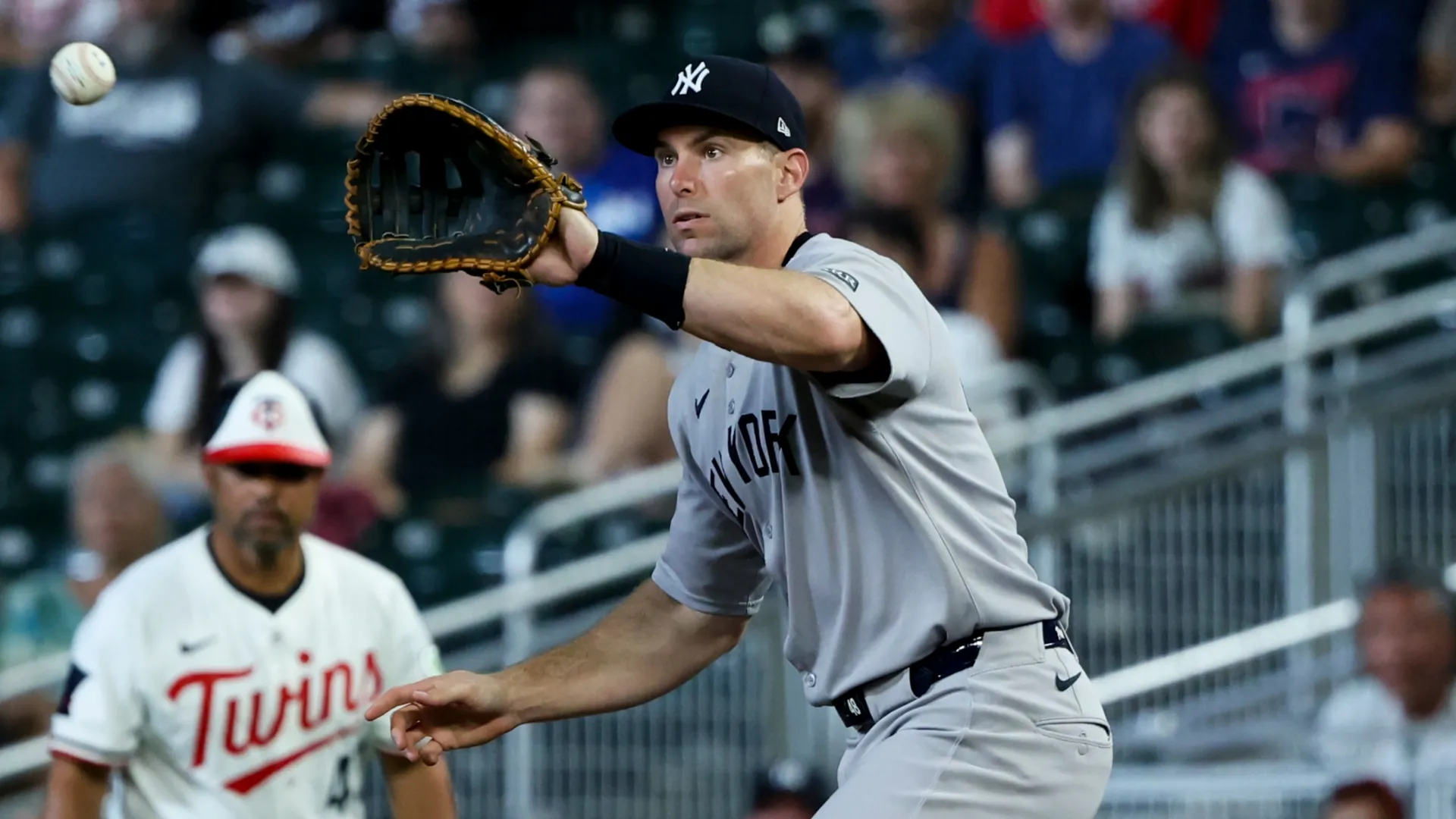Paul Goldschmidt #48 of the Yankees catches for an out on the Twins. Ellen Schmidt/Getty Images