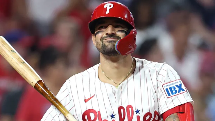 Nick Castellanos #8 of the Phillies bats against the Dodgers.