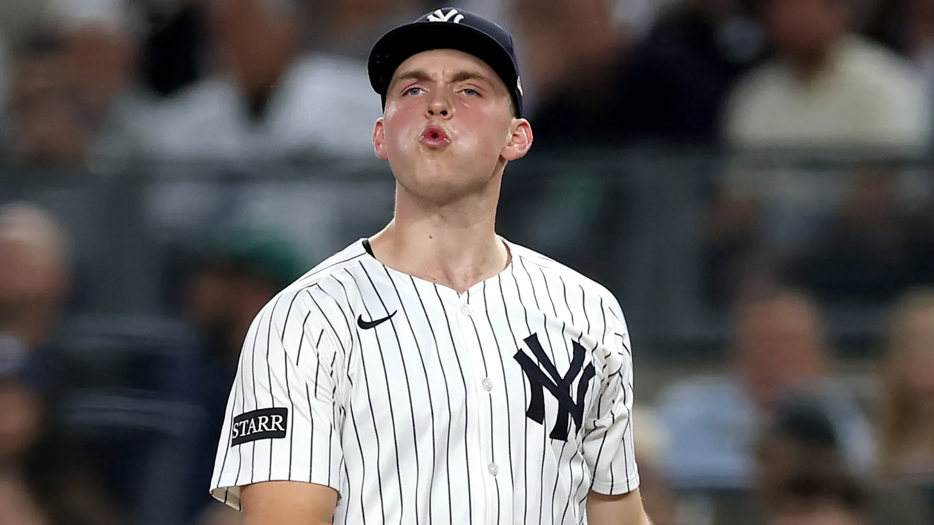 Ben Rice #22 of the New York Yankees reacts to an umpire’s call. Ishika Samant/Getty Images