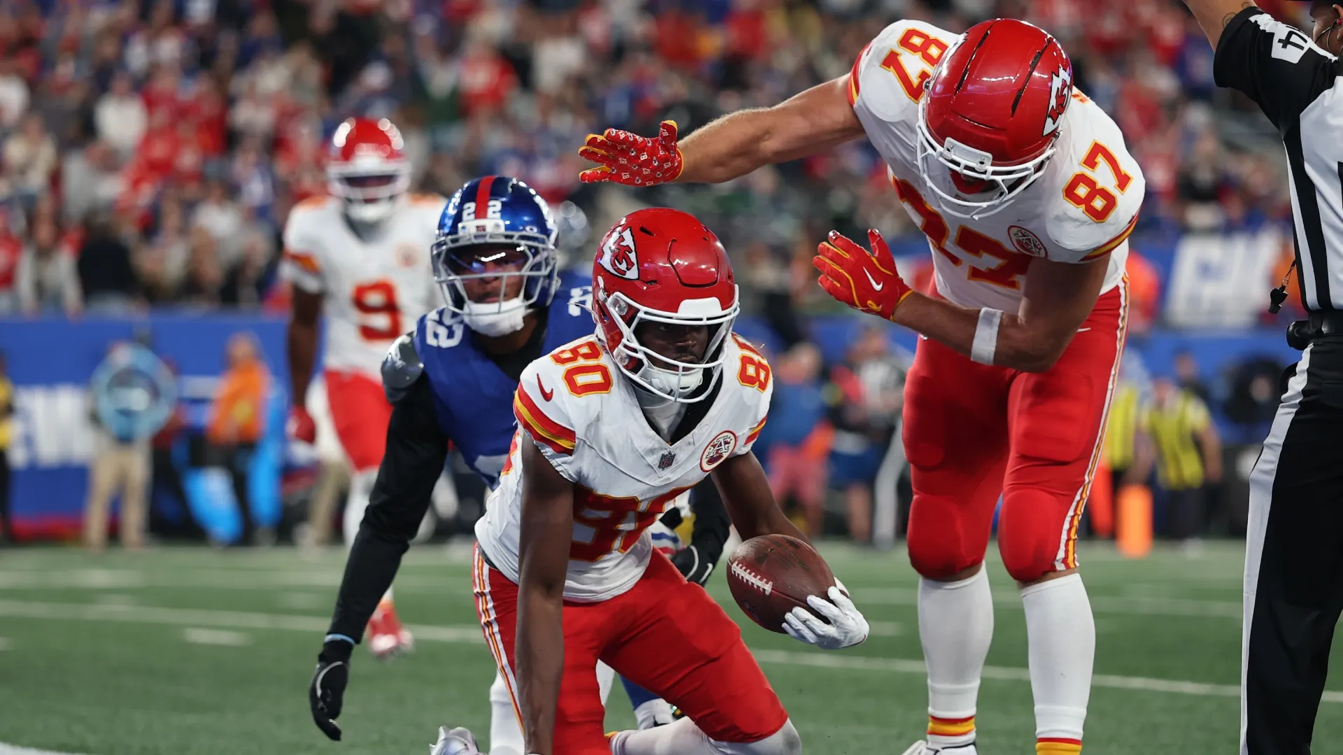 Tyquan Thornton after catching a touchdown pass from Patrick Mahomes against the NY Giants.
