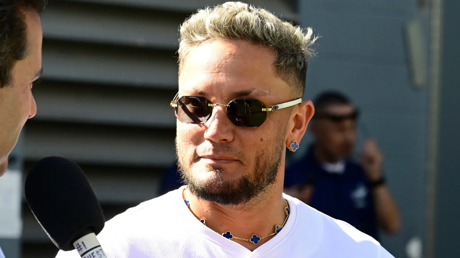 Miguel Rojas #72 of the Dodgers gives an interview at Dodger Stadium. John McCoy/Getty Images