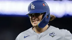 Enrique Hernández #8 of the Los Angeles Dodgers reacts after flying out.