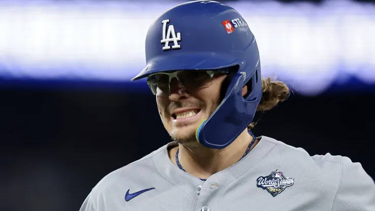 Enrique Hernández #8 of the Los Angeles Dodgers reacts after flying out.