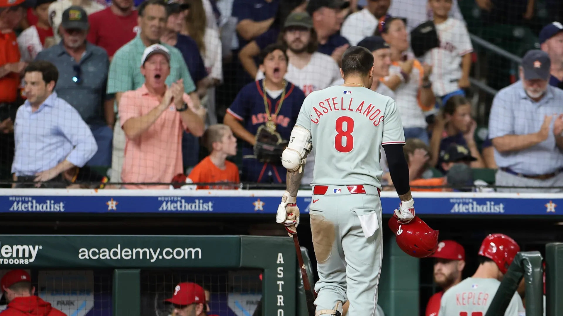 Nick Castellanos #8 of the Philadelphia Phillies returns to the dugout (Alex Slitz/Getty Images)