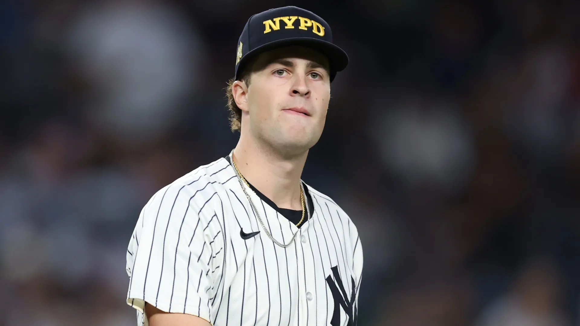 Cam Schlittler wears an NYPD