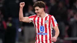 Julian Alvarez celebrates a goal for Atletico Madrid.