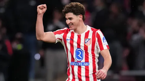 Julian Alvarez celebrates a goal for Atletico Madrid.
