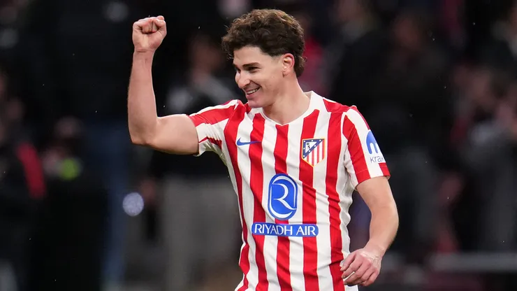 Julian Alvarez celebrates a goal for Atletico Madrid.